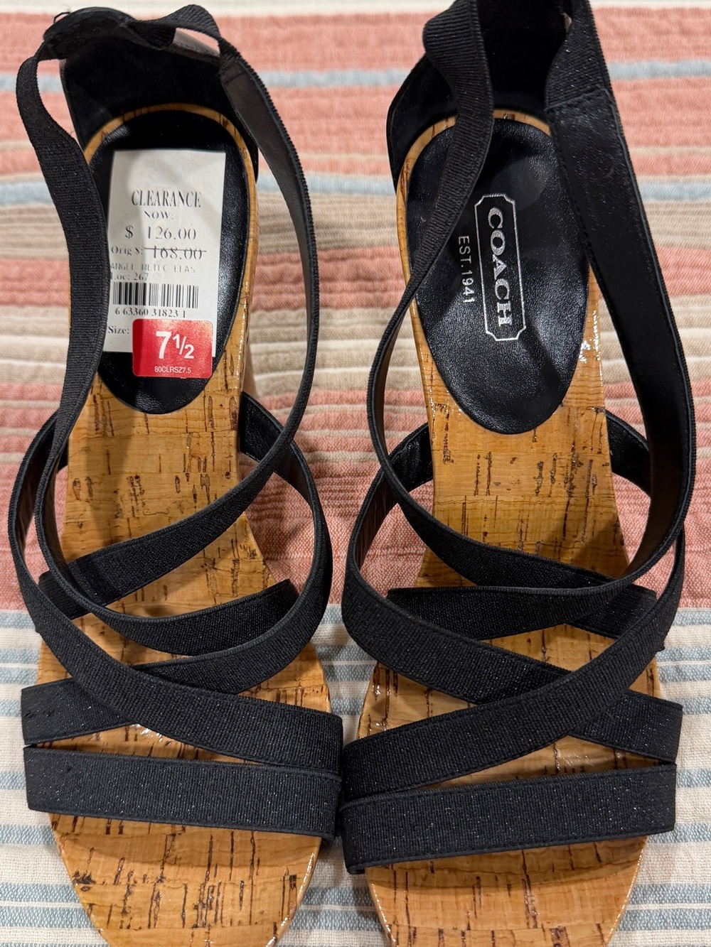 Coach Black Cork Strappy Wedge Sandals